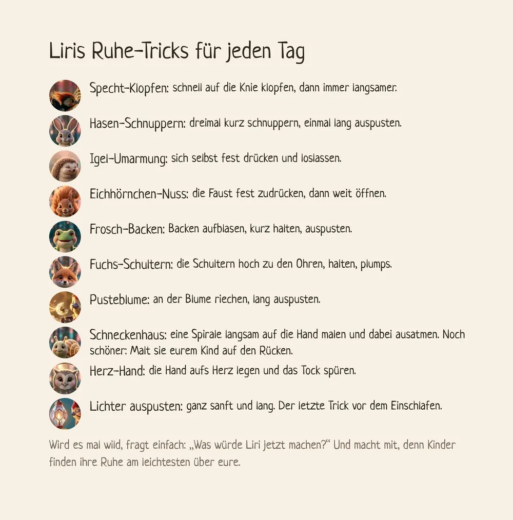 Die Elternseite im Buch: Liris Ruhe-Tricks für jeden Tag
