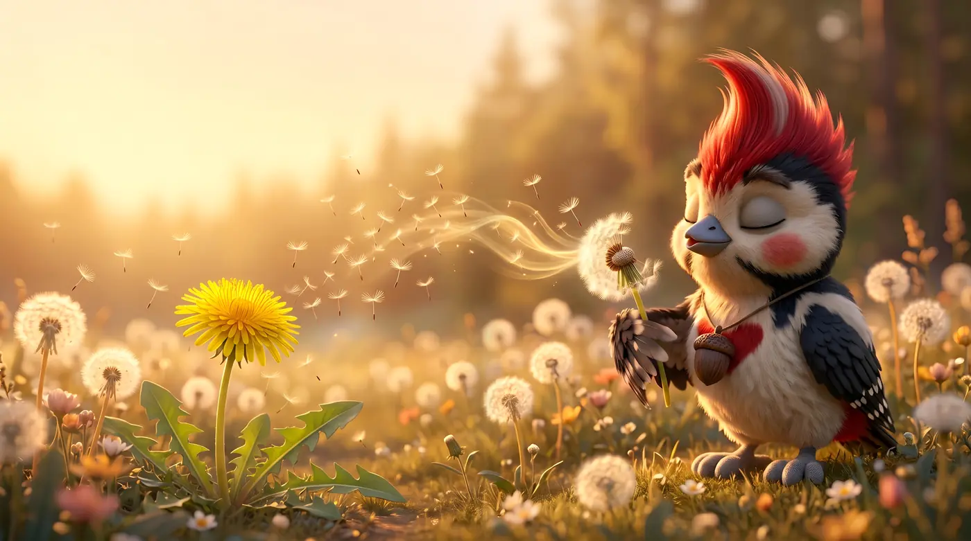 Liri pustet eine Pusteblume