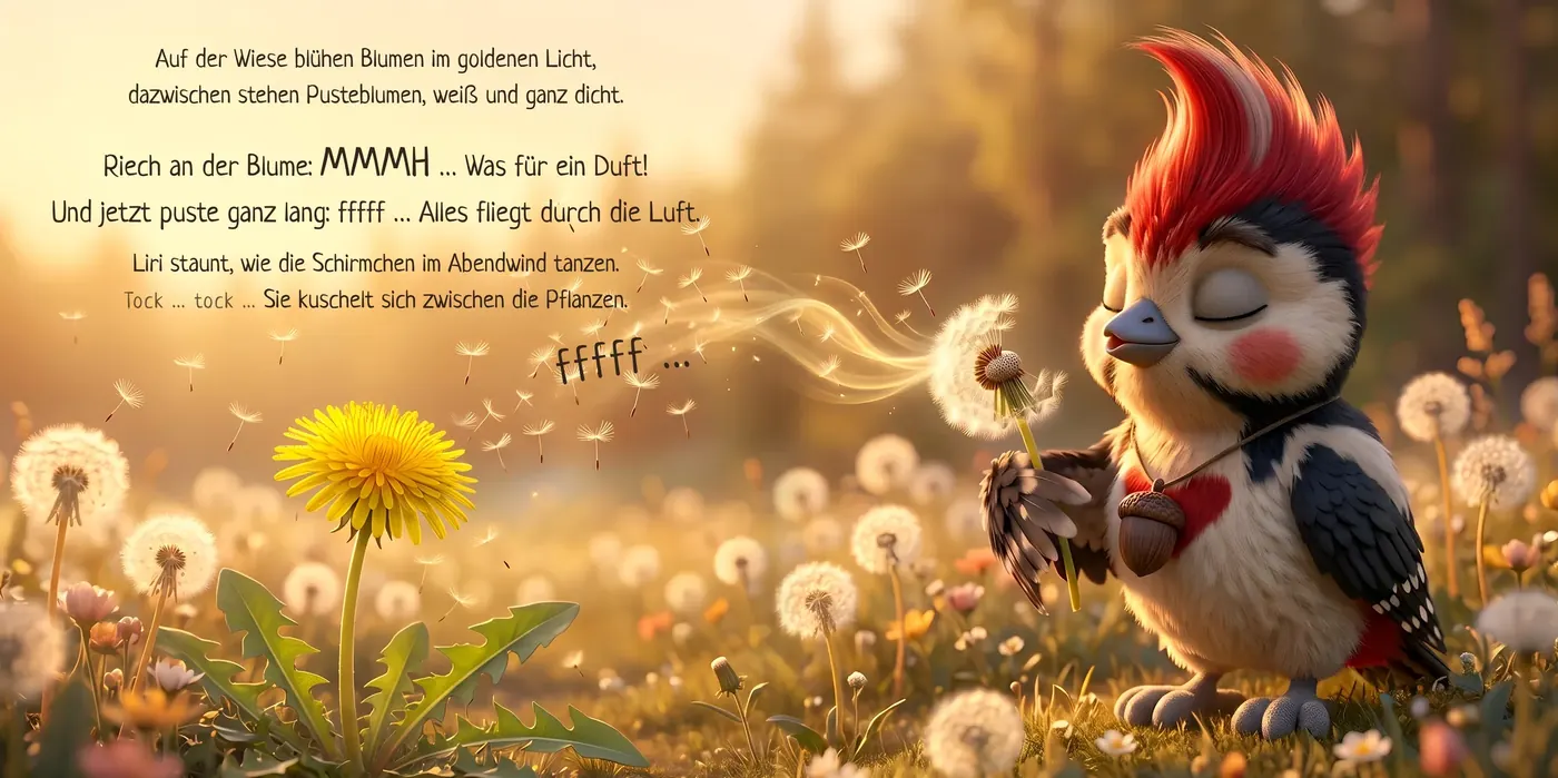 Doppelseite: Liri pustet eine Pusteblume
